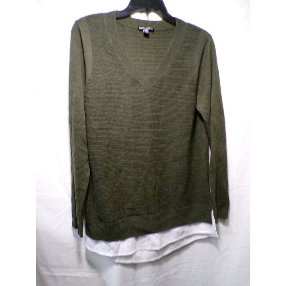 Hilary Radley Women's V Neck Layered Pullover Sweater Medium Olive Green